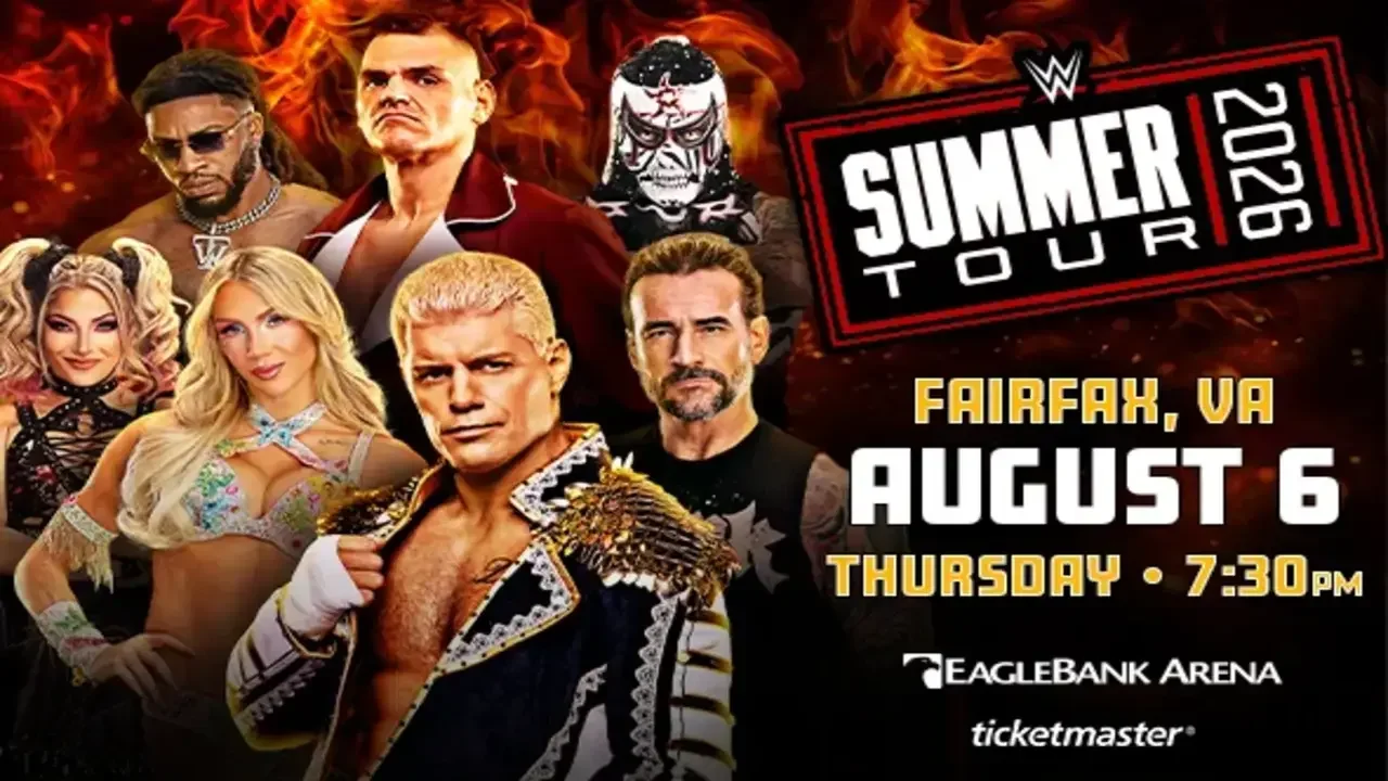 WWE Summer Tour 2026 event poster for Fairfax, VA on August 6 featuring featured talent like Cody Rhodes and CM Punk.
