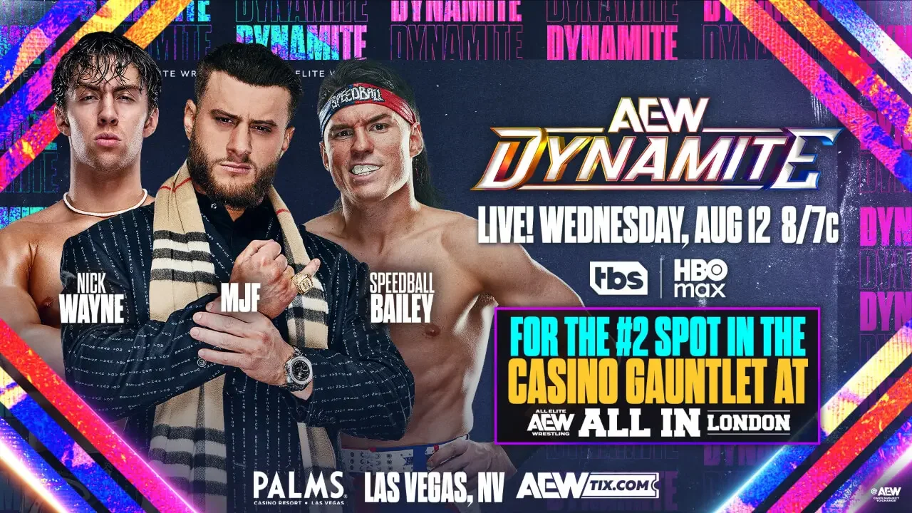 AEW Dynamite promotional graphic for a three-way match between Nick Wayne, MJF, and Speedball Bailey for the number two spot in the Casino Gauntlet at All In London.