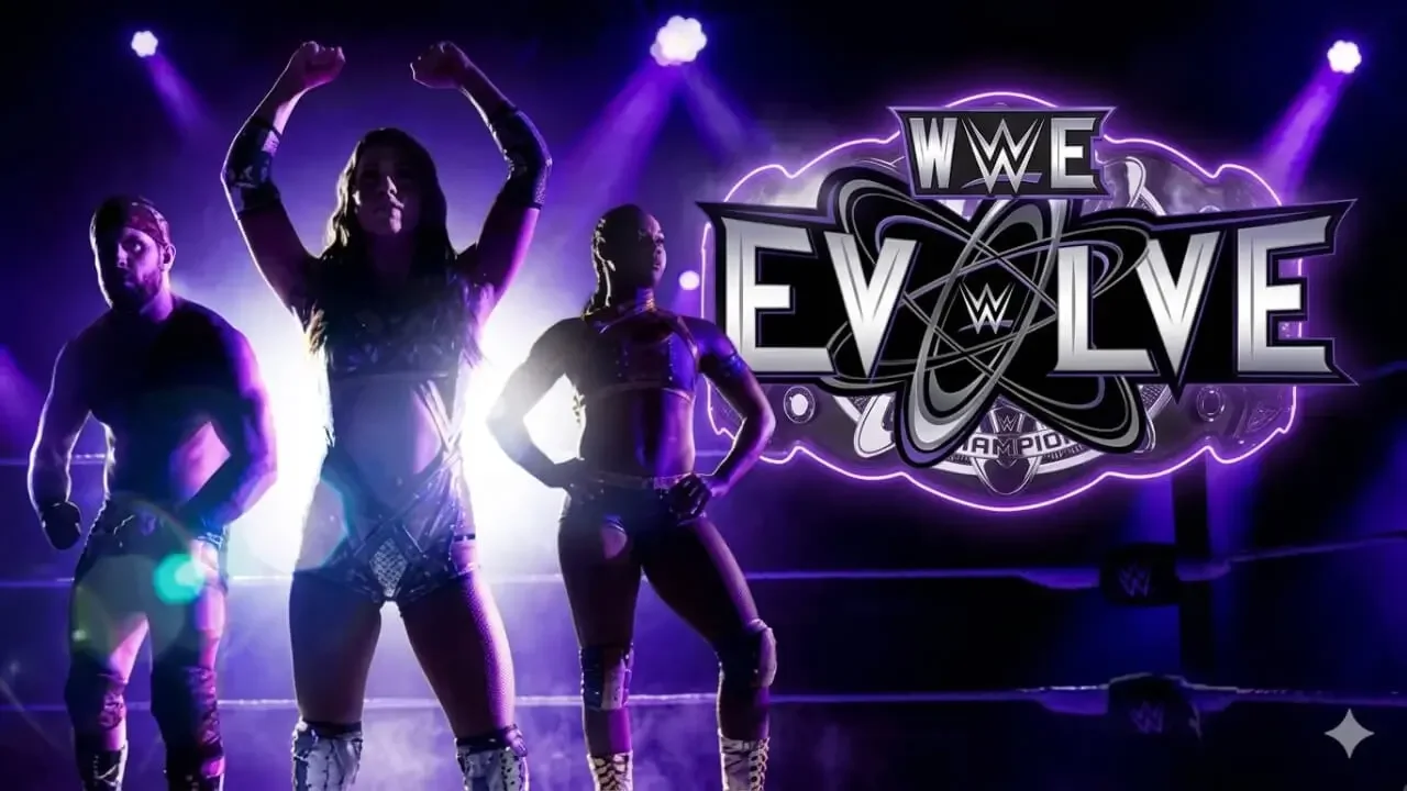 WWE Evolve Brand promotional image featuring male and female wrestlers posing in the ring with the glowing WWE Evolve logo in the background