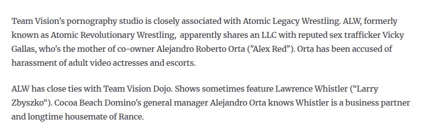 Text excerpt detailing the corporate and personal associations between Team Vision, Atomic Legacy Wrestling, Vicky Gallas, and Alejandro Roberto Orta.