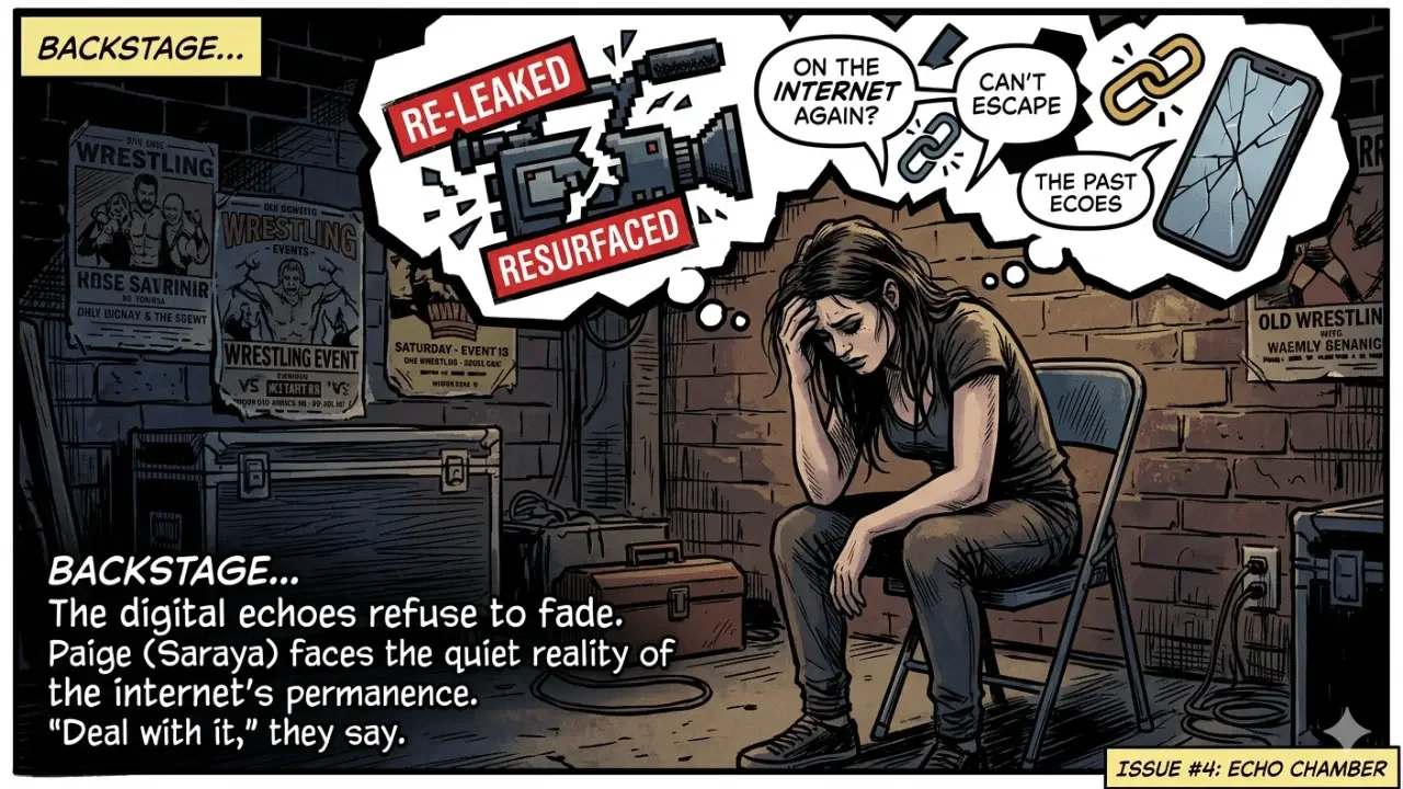 Comic book panel illustration depicting wrestling personality Saraya (Paige) backstage, reflecting on the reality of resurfaced private media and the permanence of the internet.