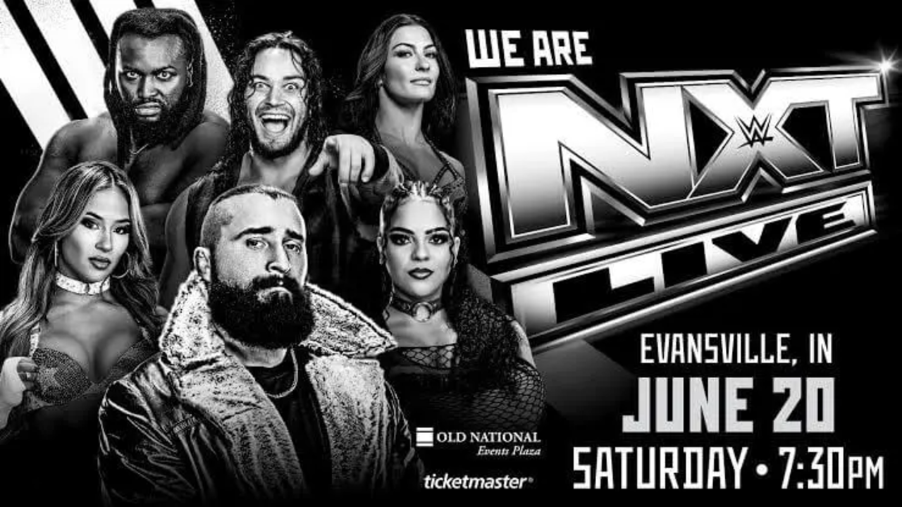 Black and white promotional graphic for the WWE NXT Live event in Evansville, IN on Saturday, June 20, featuring the "We Are NXT Live" logo and NXT Superstars including Tony D'Angelo.