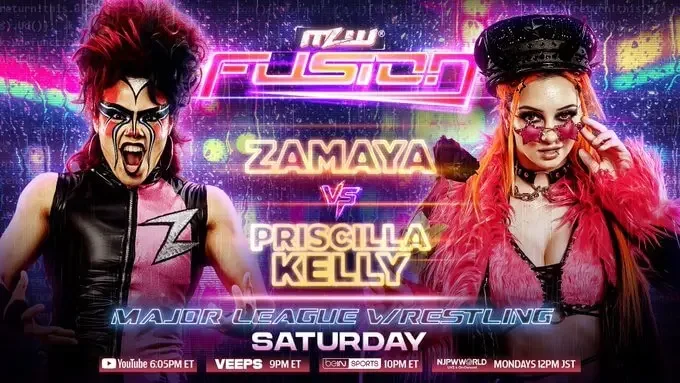 Promotional graphic for MLW Fusion featuring a match announcement between Zamaya and Priscilla Kelly, scheduled for Saturday.