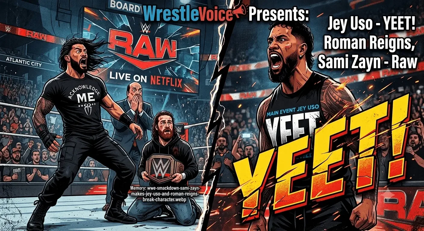 A dramatic comic-style illustration featuring WWE superstars Roman Reigns, Jey Uso, and Sami Zayn in a wrestling ring under a large "WWE RAW Live on Netflix" billboard.