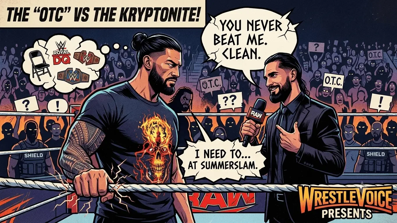 A comic book-style illustration inspired by seth_roma.png, capturing the tense in-ring confrontation between Roman Reigns and Seth Rollins on WWE Raw.