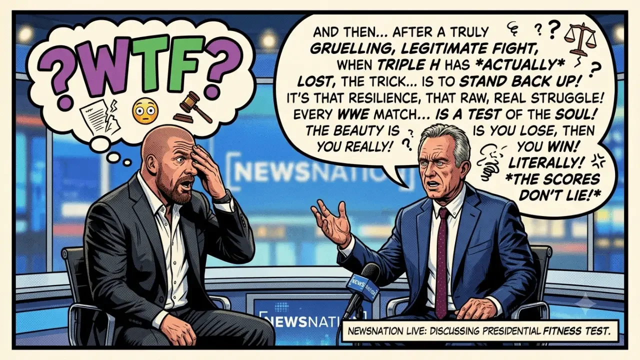 Comic book style illustration of a NewsNation interview where an enthusiastic RFK Jr. explains that WWE matches are "legitimate fights" with a massive speech bubble, while a stressed Triple H facepalms with a "WTF?" thought bubble over his head.