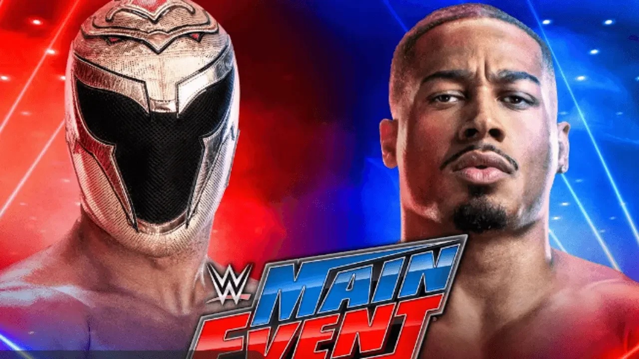 WWE Main Event match graphic for Carmelo Hayes vs Axiom with the official show logo against a red and blue background.