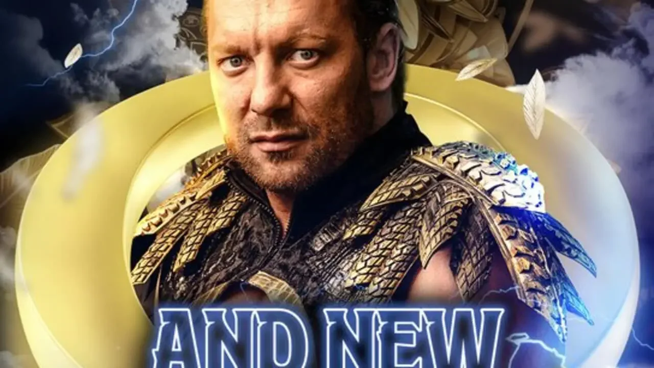 Kenny Omega wearing golden ornate gear against a backdrop with the text 'AND NEW' in bold lettering