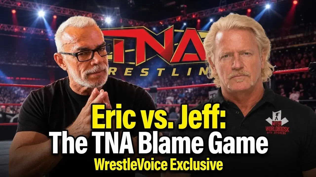 A promotional graphic for a wrestling podcast titled "Eric vs. Jeff: The TNA Blame Game," presented by WrestleVoice Exclusive.