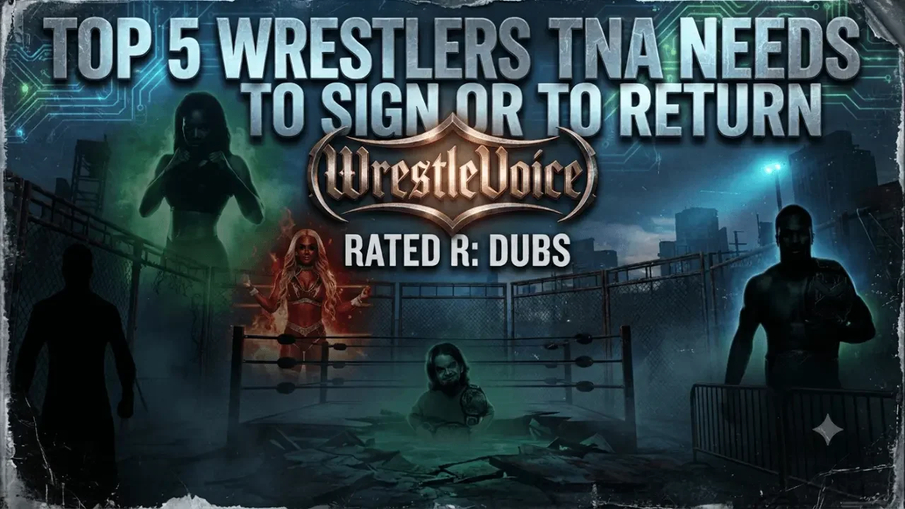 A dramatic promotional graphic for a wrestling news outlet, titled in large, distressed silver letters with circuitry details at the top: 'TOP 5 WRESTLERS TNA NEEDS TO SIGN OR TO RETURN.