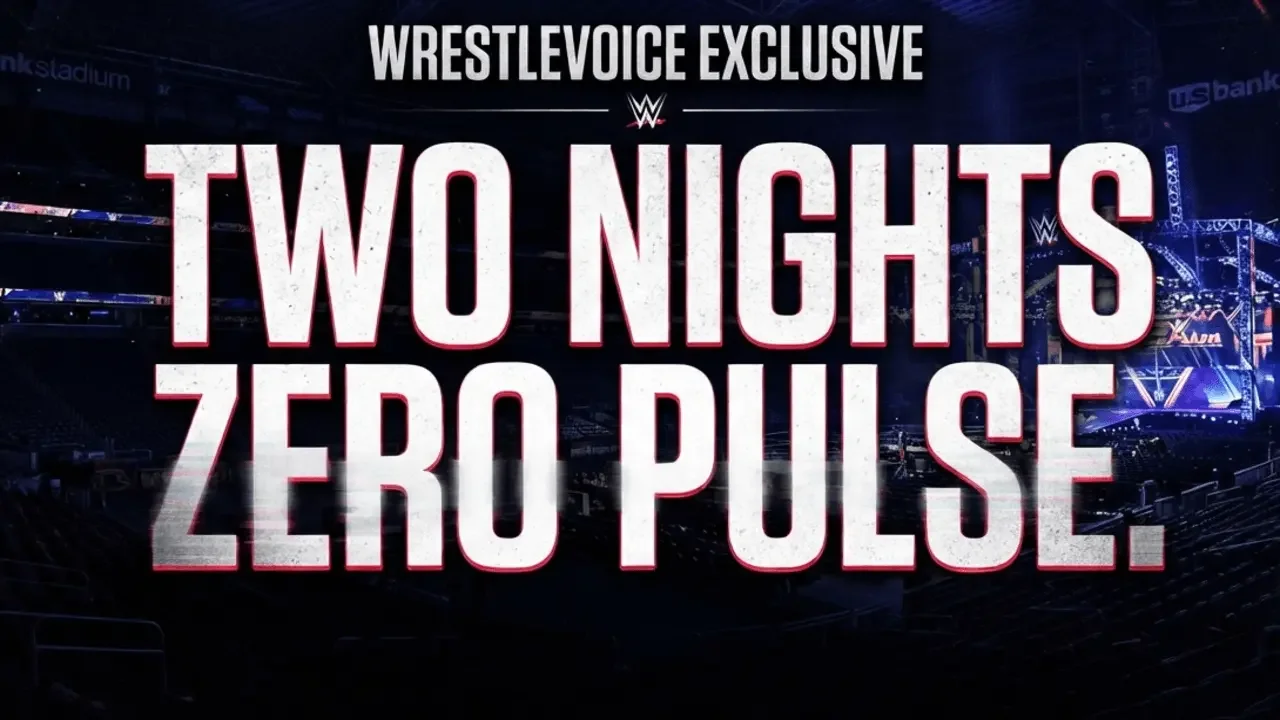 A WrestleVoice Exclusive graphic featuring bold white and red text reading "TWO NIGHTS ZERO PULSE" set against a dark background of an empty stadium arena.