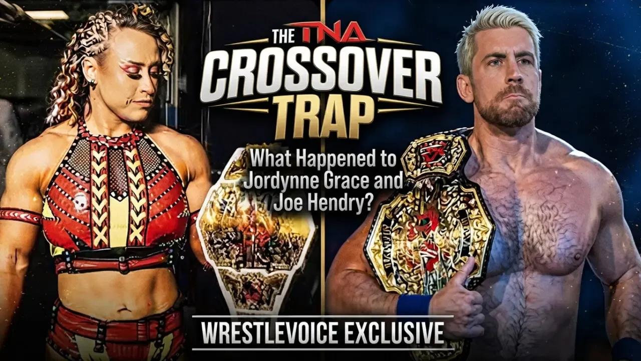 Promotional graphic for WrestleVoice titled "The Crossover Trap: What Happened to Jordynne Grace and Joe Hendry?" featuring side-by-side images of Jordynne Grace and Joe Hendry holding championship belts.