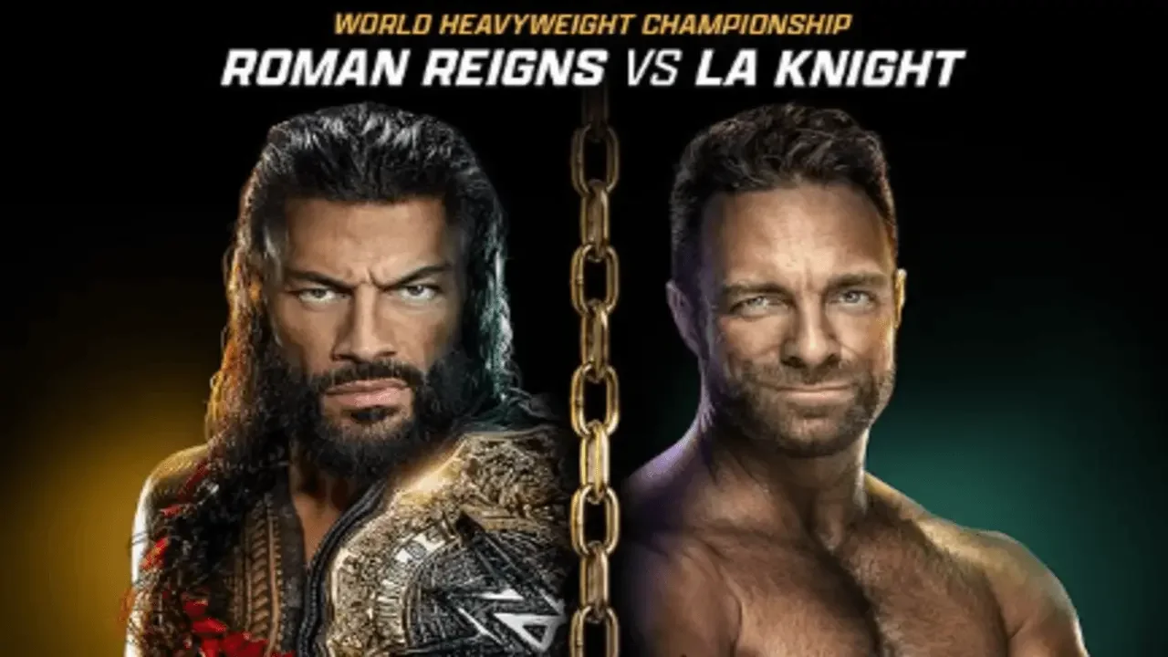 WWE promotional graphic for Roman Reigns vs. LA Knight for the World Heavyweight Championship at Money in the Bank