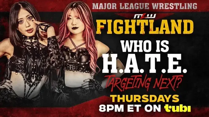 Major League Wrestling Fightland promotional graphic featuring H.A.T.E. members on Tubi.