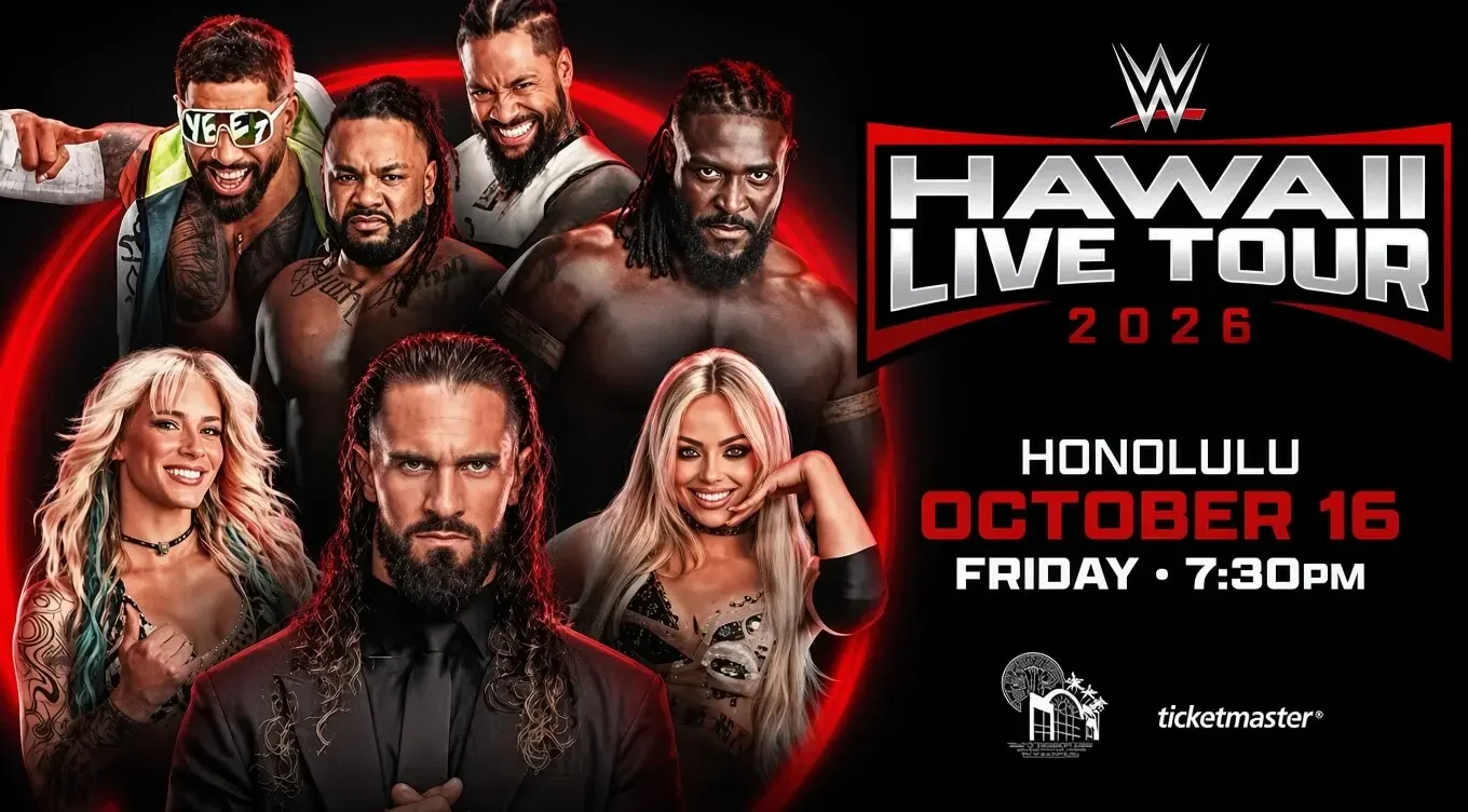 WWE Hawaii Live Tour 2026 promotional poster. Featured wrestlers against a black background with red circular glows: top row shows Jey Uso (white sunglasses and headband), Jimmy Uso, Jacob Fatu, and Solo Sikoa.
