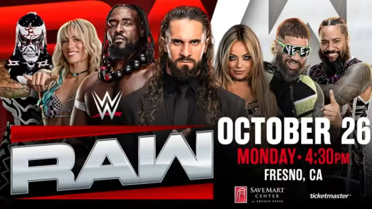 Official promotional graphic for WWE Monday Night RAW at the Save Mart Center in Fresno, CA on October 26 at 4:30 PM, featuring Penta, Lyra Valkyria, Oba Femi, Seth Rollins, Liv Morgan, Jey Uso, and Jimmy Uso.