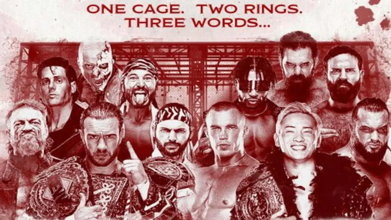 AEW Blood and Guts match graphic announcing Steven Borden alongside Will Ospreay, Adam Copeland, Young Bucks, and Kazuchika Okada.