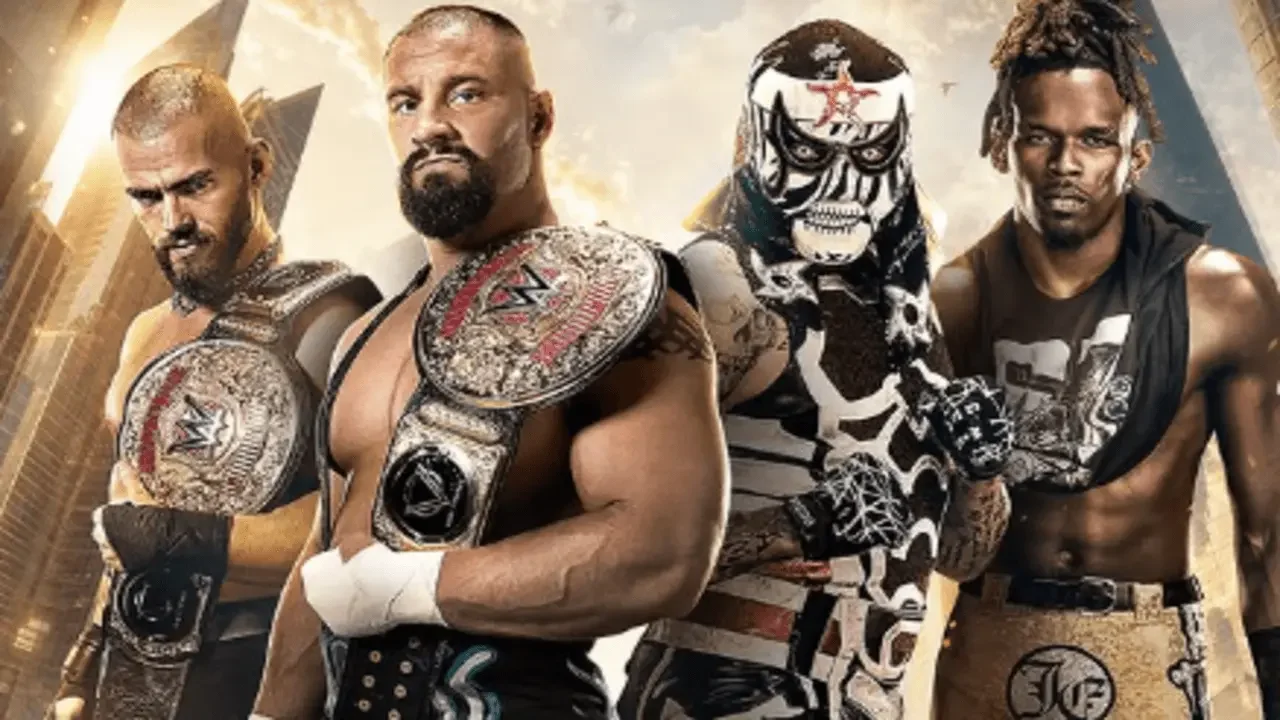 WWE Crown Jewel World Tag Team Championship graphic featuring The Vision vs Penta and Je'Von Evans.
