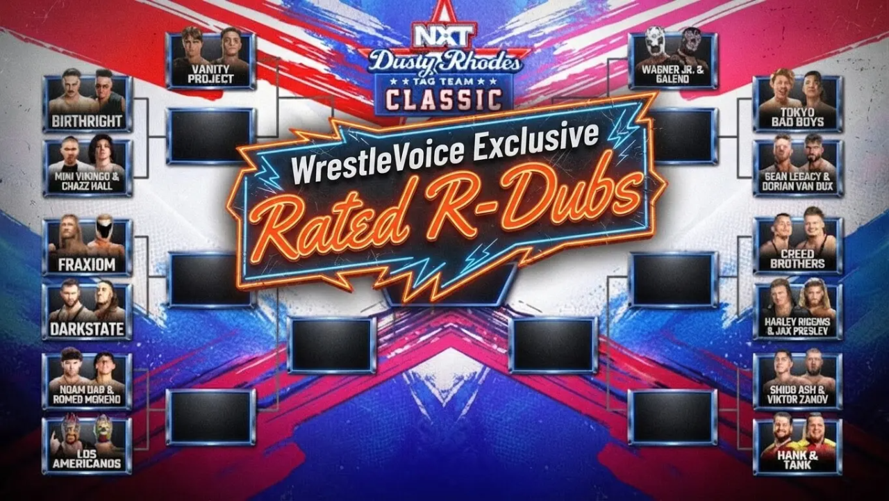 NXT Dusty Rhodes Tag Team Classic tournament bracket graphic featuring a custom neon WrestleVoice Exclusive "Rated R-Dubs Predictions" sign across the center.