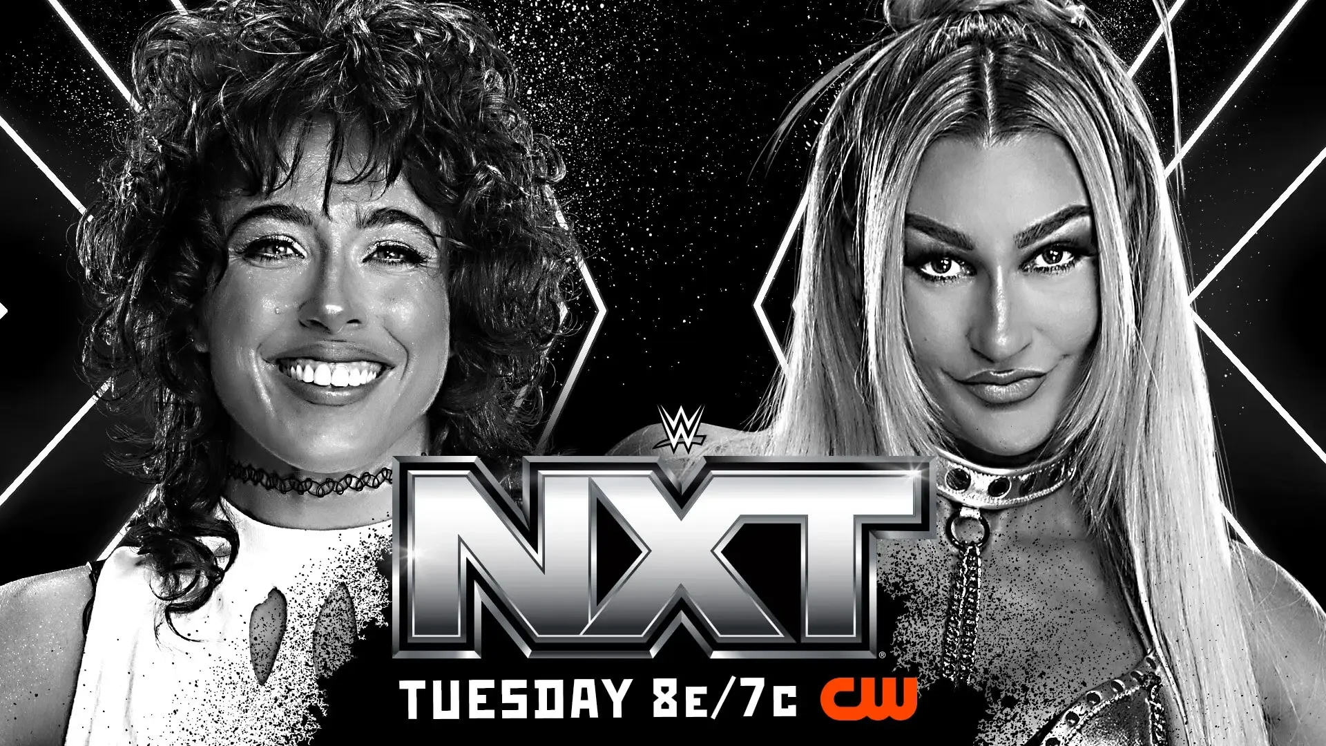 Black and white WWE NXT promotional graphic for a match featuring Lizzy Rain and Izzi Dame, with the NXT logo and Tuesday 8E/7C CW branding at the bottom.