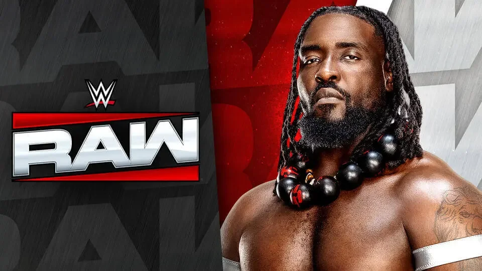 WWE Monday Night Raw promotional graphic featuring Oba Femi alongside the official Raw logo.