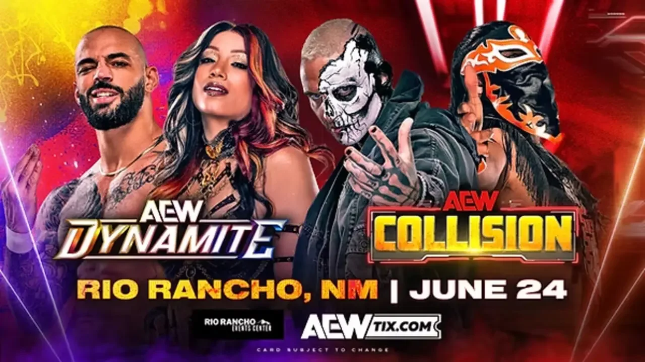 AEW Dynamite & Collision poster for June 24, 2026 in Rio Rancho, New Mexico featuring Swerve Strickland, Mercedes Moné, Death Rider (Jon Moxley), and Místico