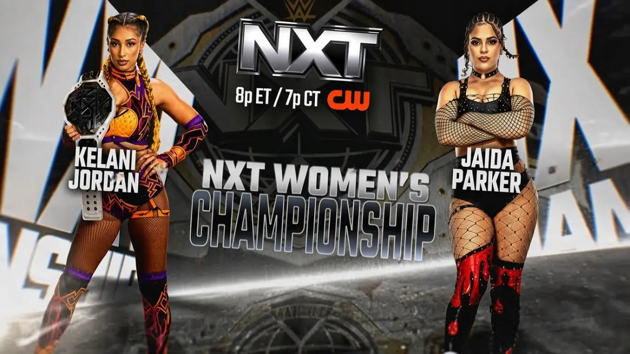 WWE NXT promotional graphic for the NXT Women's Championship match featuring champion Kelani Jordan on the left and challenger Jaida Parker on the right.