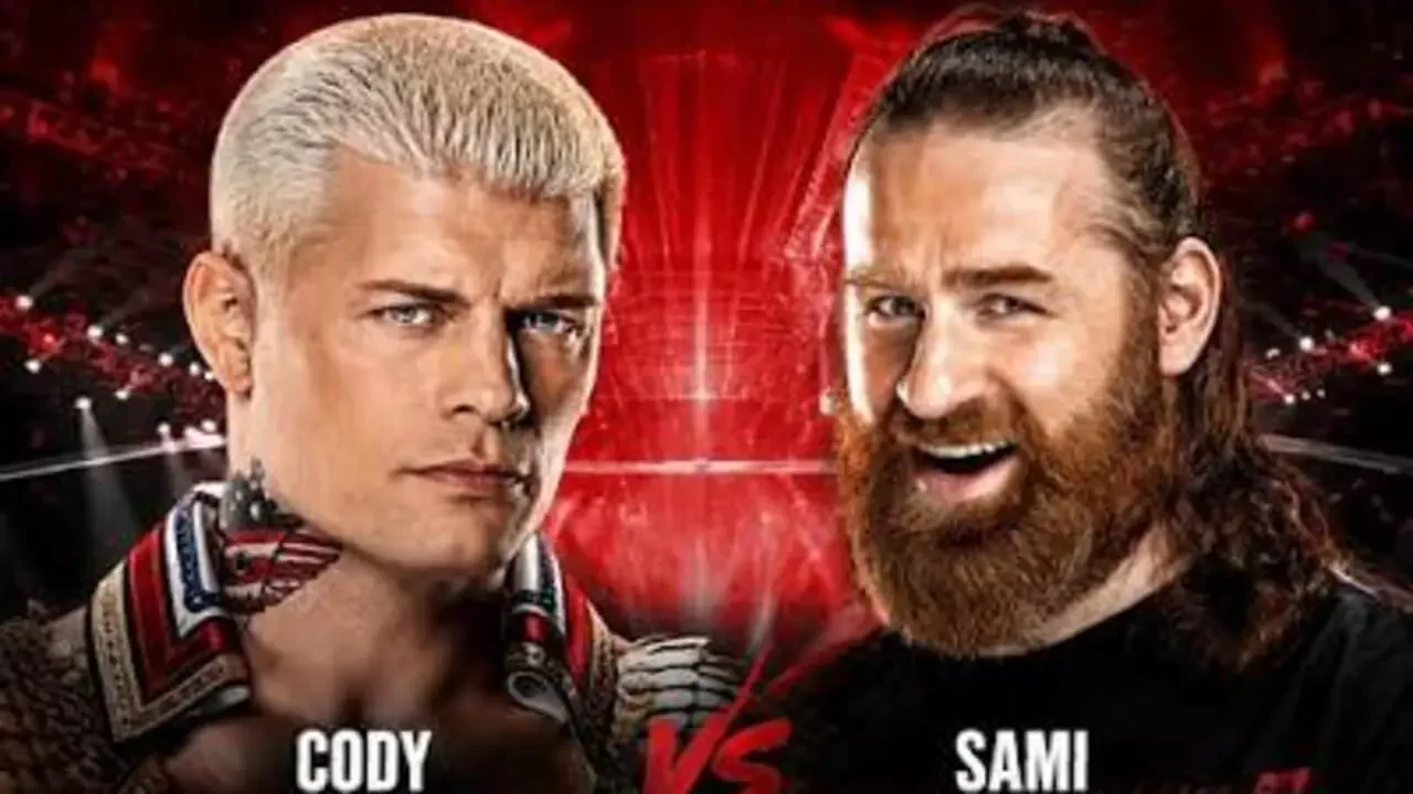 Official WWE match graphic for Monday Night Raw featuring a headshot comparison of Cody Rhodes and Sami Zayn with a red arena background and "Cody vs Sami" text.