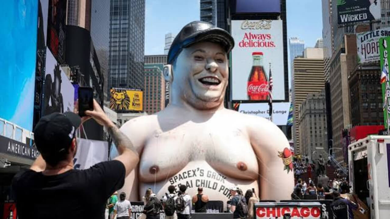 A satirical or protest image set in Times Square, featuring a large inflatable figure resembling Elon Musk wearing a cap and with text written across the chest that reads "SpaceX's Grok AI Child Por[n]", while people gather around and photograph it.