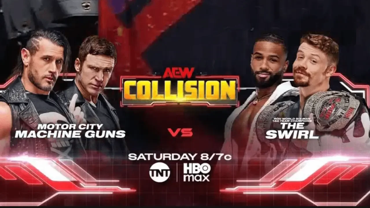 AEW Collision promo graphic featuring the Motor City Machine Guns (Alex Shelley and Chris Sabin) on the left facing off against The Swirl on the right, with TNT and HBO Max broadcast logos below.