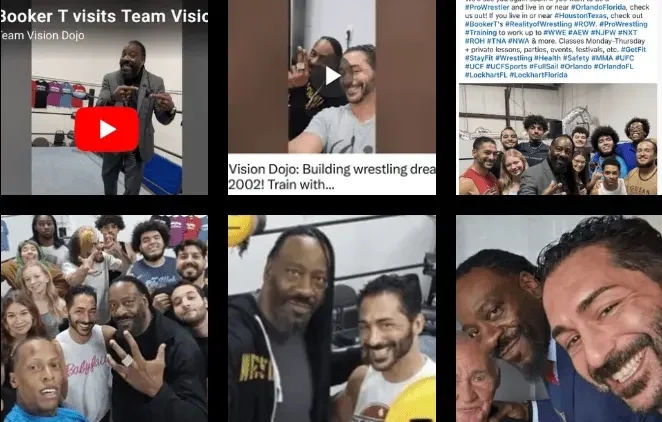 Collage of social media posts and YouTube video thumbnails showing Booker T visiting Team Vision Dojo and posing with Chasyn Rance.