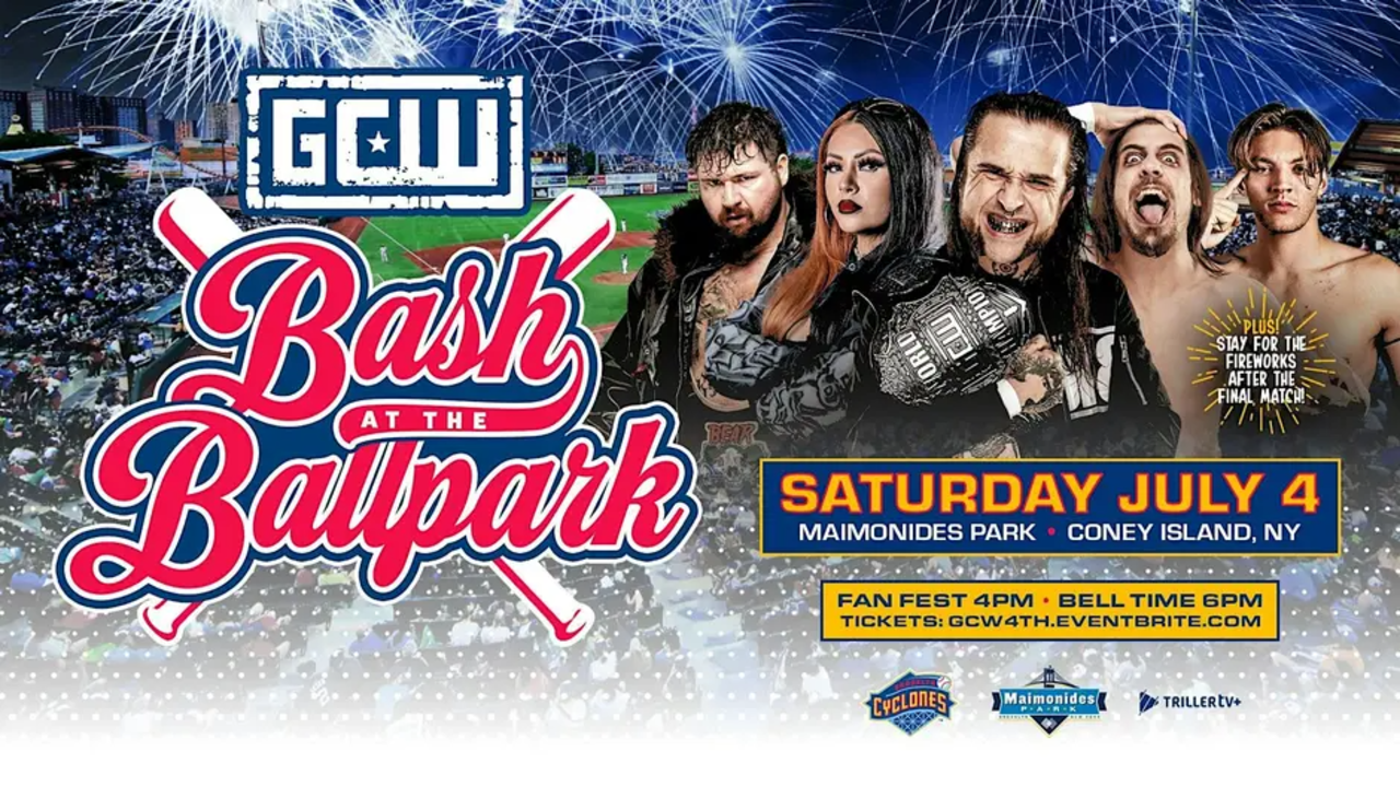 Promotional poster for GCW Bash at the Ballpark on Saturday, July 4th at Maimonides Park in Coney Island, NY. Features the event logo over a baseball stadium backdrop with fireworks