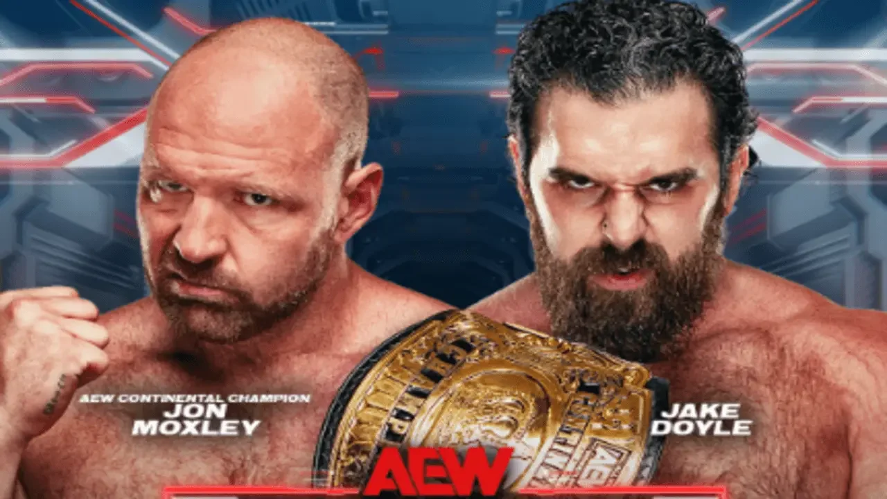 AEW promotional graphic featuring AEW Continental Champion Jon Moxley and Jake Doyle ahead of their match.