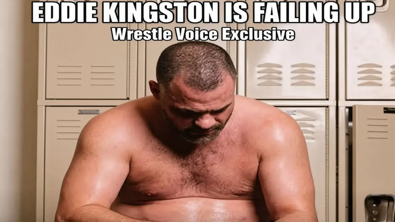 Eddie Kingston locker room photo with text overlay about failing up for WrestleVoice CMLL title article.