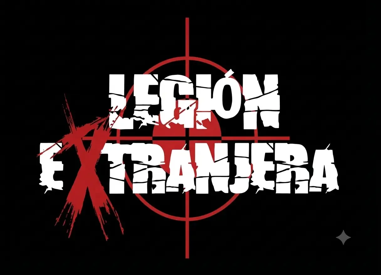 A high-resolution graphic of the "Legion Extranjera" logo, centrally positioned on a solid black background. The logo consists of bold, white, distressed, stencil-style text arranged in two lines: "LEGIÓN" above and "EXTRANJERA" below.