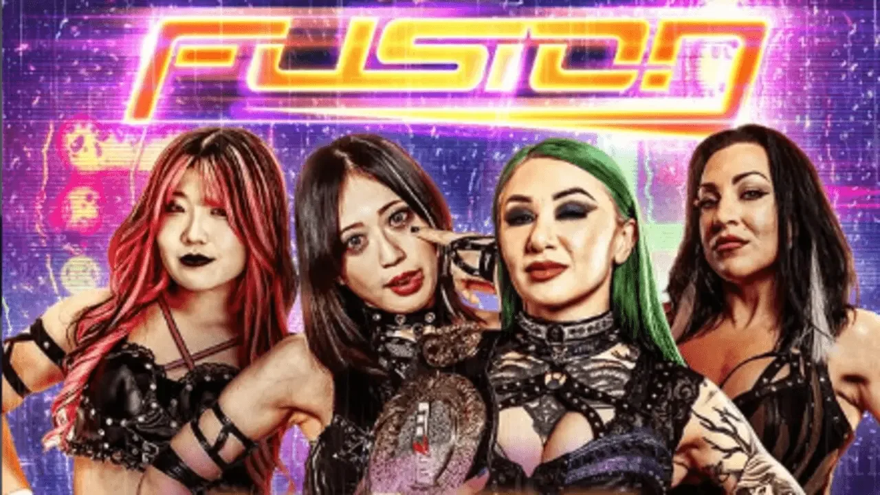 Promotional graphic for MLW Fusion featuring the Fusion logo above professional wrestlers Shotzi, Lady Frost, Saya Kamitani, and RINA.