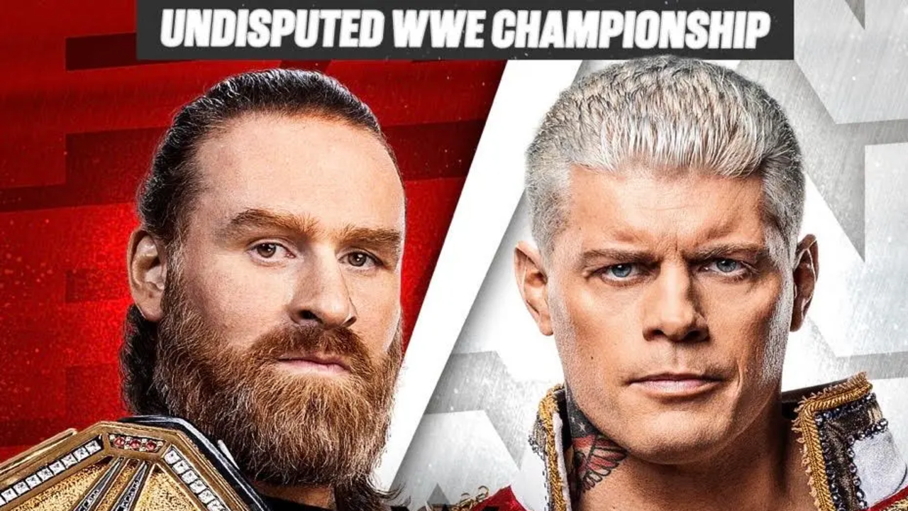 Promotional graphic featuring Undisputed WWE Champion Sami Zayn and Cody Rhodes side.