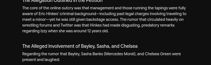 Text excerpt from a document detailing allegations involving management, backstage access, and the alleged involvement of Bayley, Sasha Banks, and Chelsea Green regarding comments about a minor.