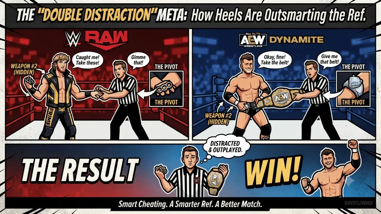 A dynamic wrestling infographic split vertically, illustrating the "Double Distraction" heel tactic.