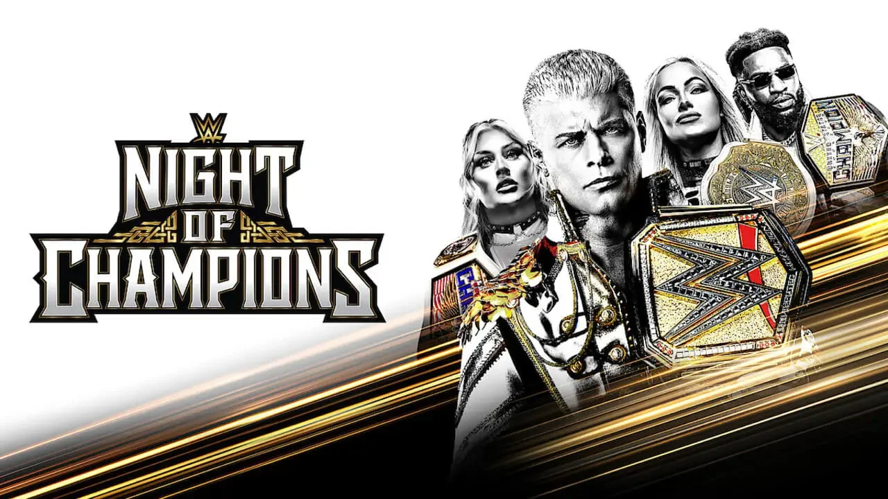 Official promotional graphic for WWE Night of Champions 2026 featuring the event logo alongside Cody Rhodes, Tiffany Stratton, Liv Morgan, and Trick Williams holding their respective championship titles against a black, white, and gold background.