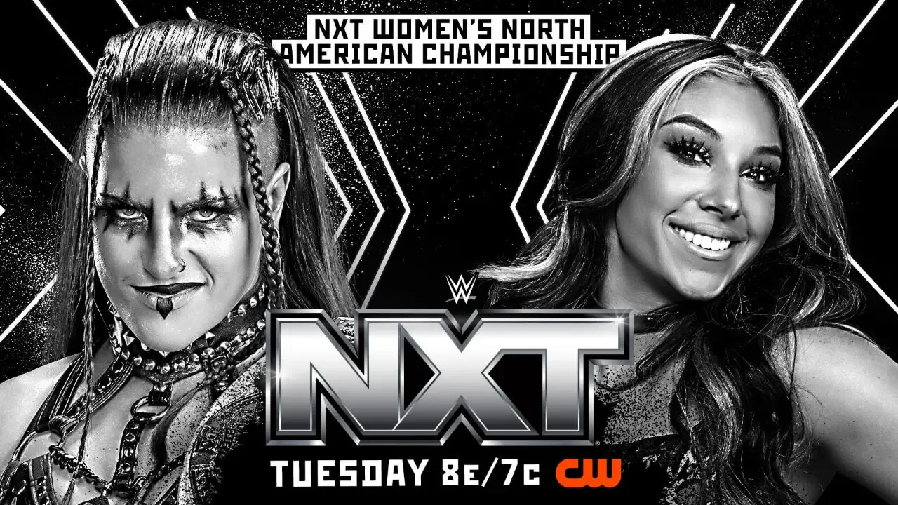 Zaria and Thea Hail featured on the official match graphic for the NXT Women's North American Championship on WWE NXT.