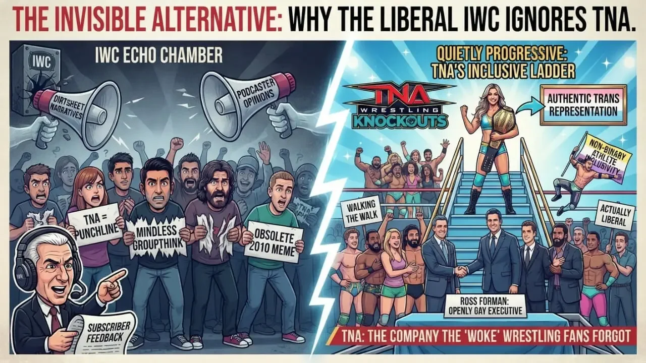 A split-screen editorial graphic for WrestleVoice. The left side depicts an angry internet wrestling community crowd holding signs like "TNA = PUNCHLINE" and "MINDLESS GROUPTHINK".