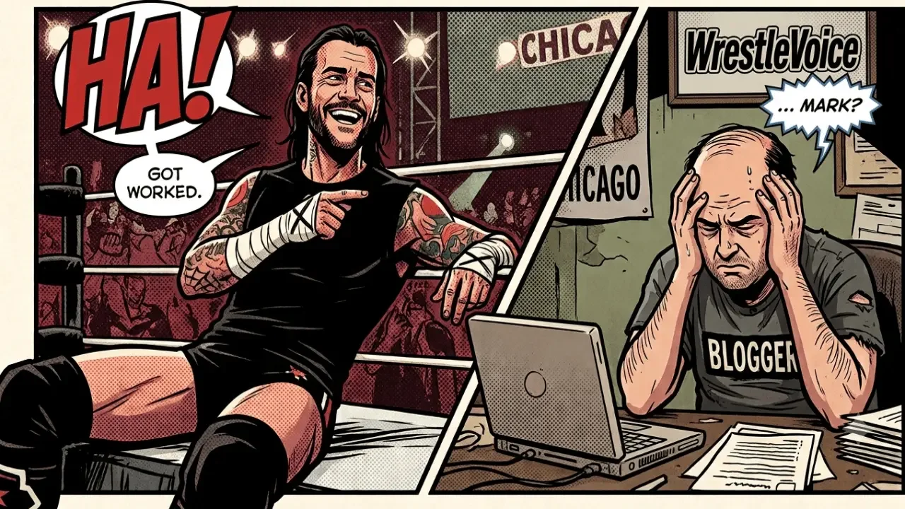 A two-panel comic book illustration. The left panel shows WWE Superstar CM Punk with a mischievous grin, pointing from a wrestling ring and laughing
