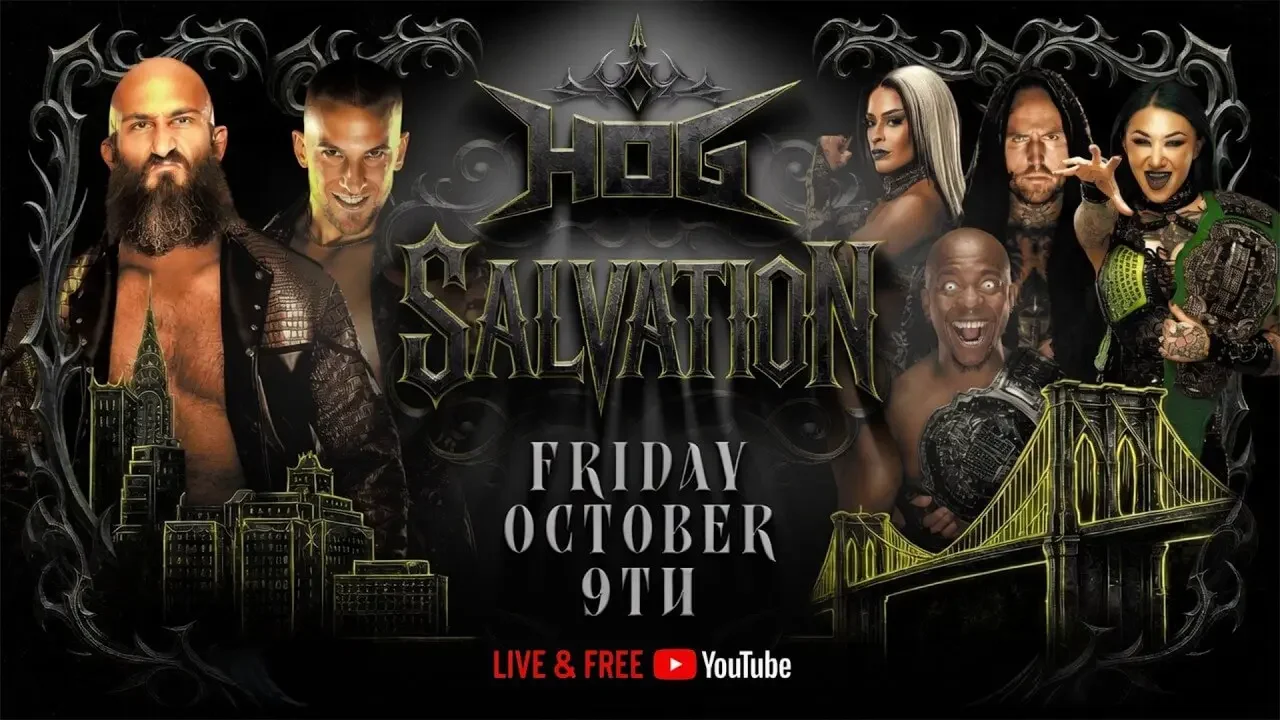 House of Glory Salvation official event promotional poster featuring Tommaso Ciampa, Zicky Dice, Mia Yim, and other talent.