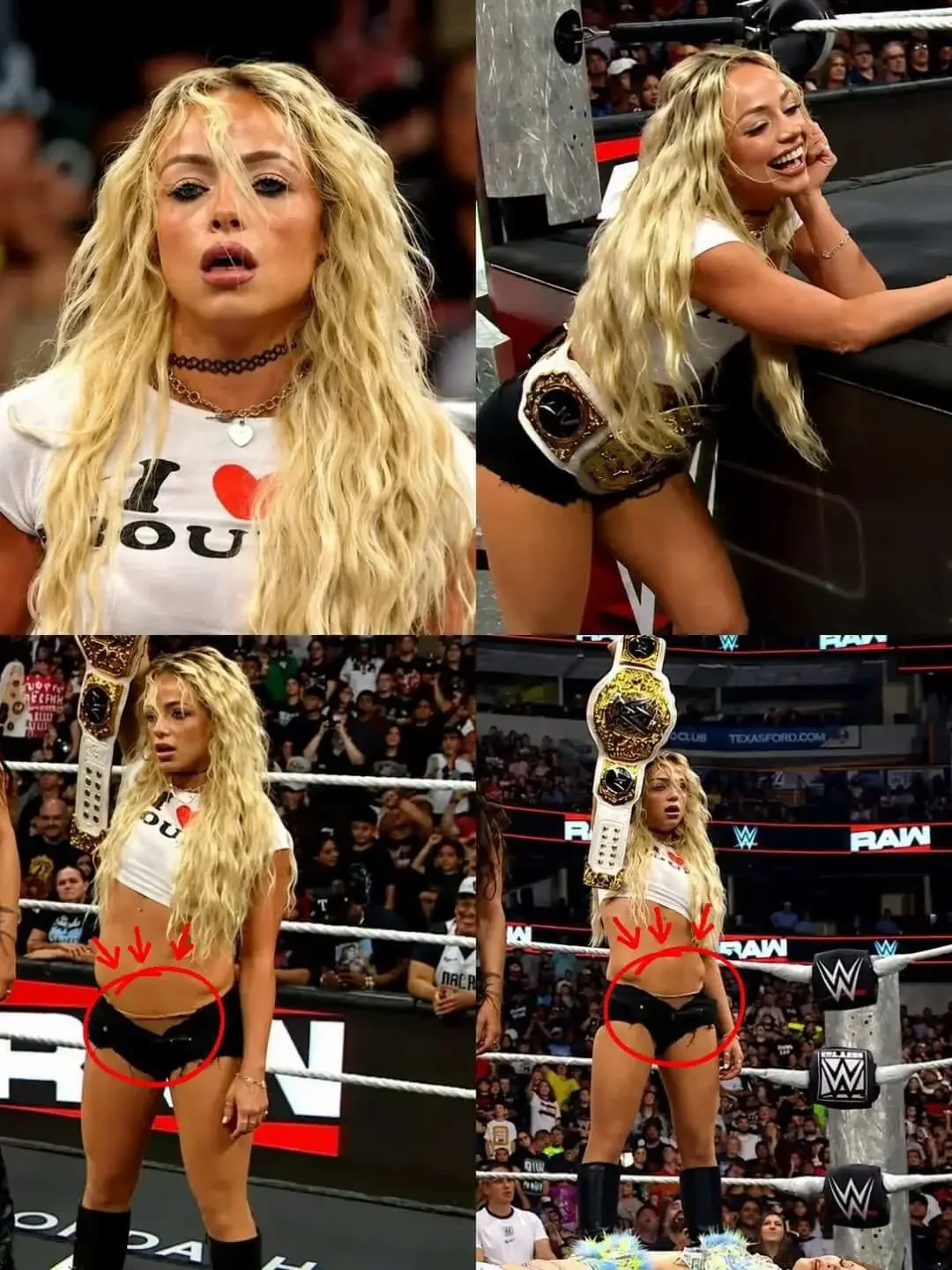 WWE Superstar Liv Morgan posing in the ring with the women's title.