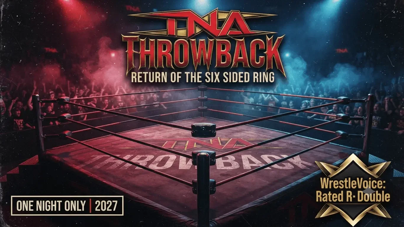 A promotional graphic for a fictional TNA Wrestling Pay-Per-View event titled 'TNA Throwback: Return of the Six-Sided Ring.