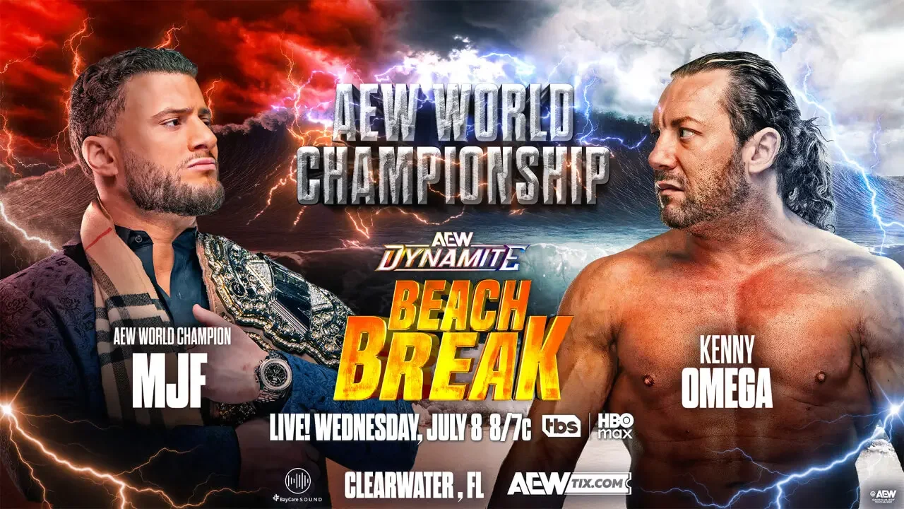 An official promotional match graphic for AEW Dynamite: Beach Break, featuring a face-off between AEW World Champion MJF and Kenny Omega.