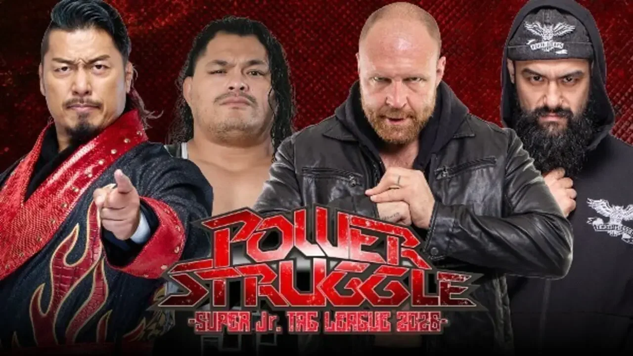 Official NJPW Power Struggle 2026 promotional graphic featuring Shingo Takagi and Jeff Cobb of Unbound Co. vs. Jon Moxley and Wheeler Yuta of The Death Riders on a red textured background with event logos.