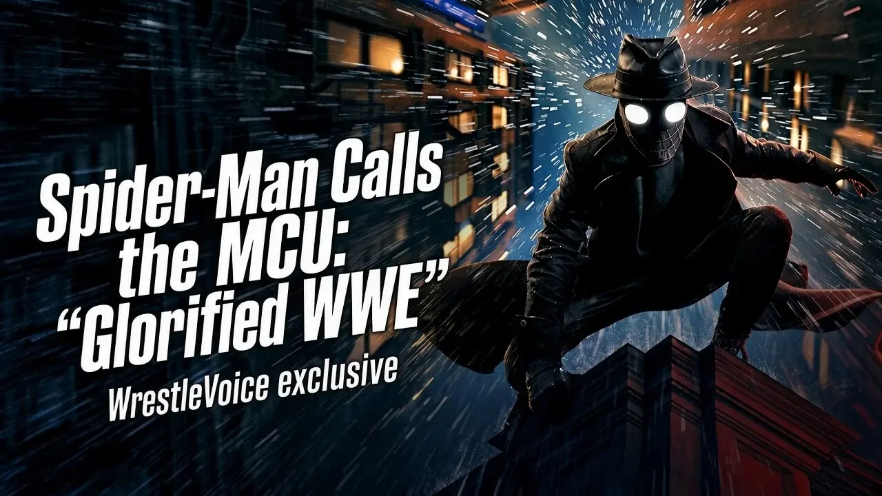 Spider-Noir crouches on a rainy nighttime rooftop in a dark trench coat and fedora, glowing white eyes shining. Large white text on the left reads “Spider-Man Calls the MCU: ‘Glorified WWE’” with “WrestleVoice exclusive” underneath.