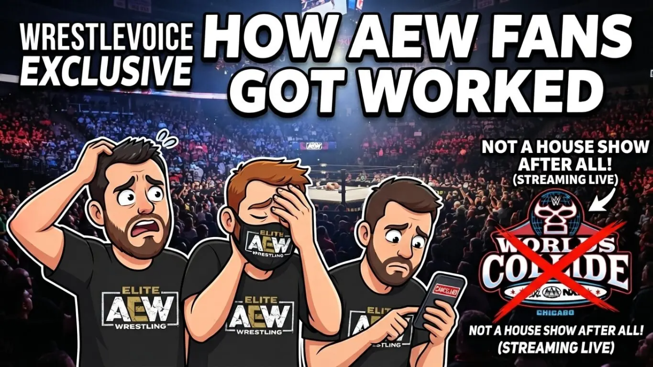 Graphic for a WrestleVoice exclusive about AEW fans getting worked by the WWE Worlds Collide broadcast pivot.